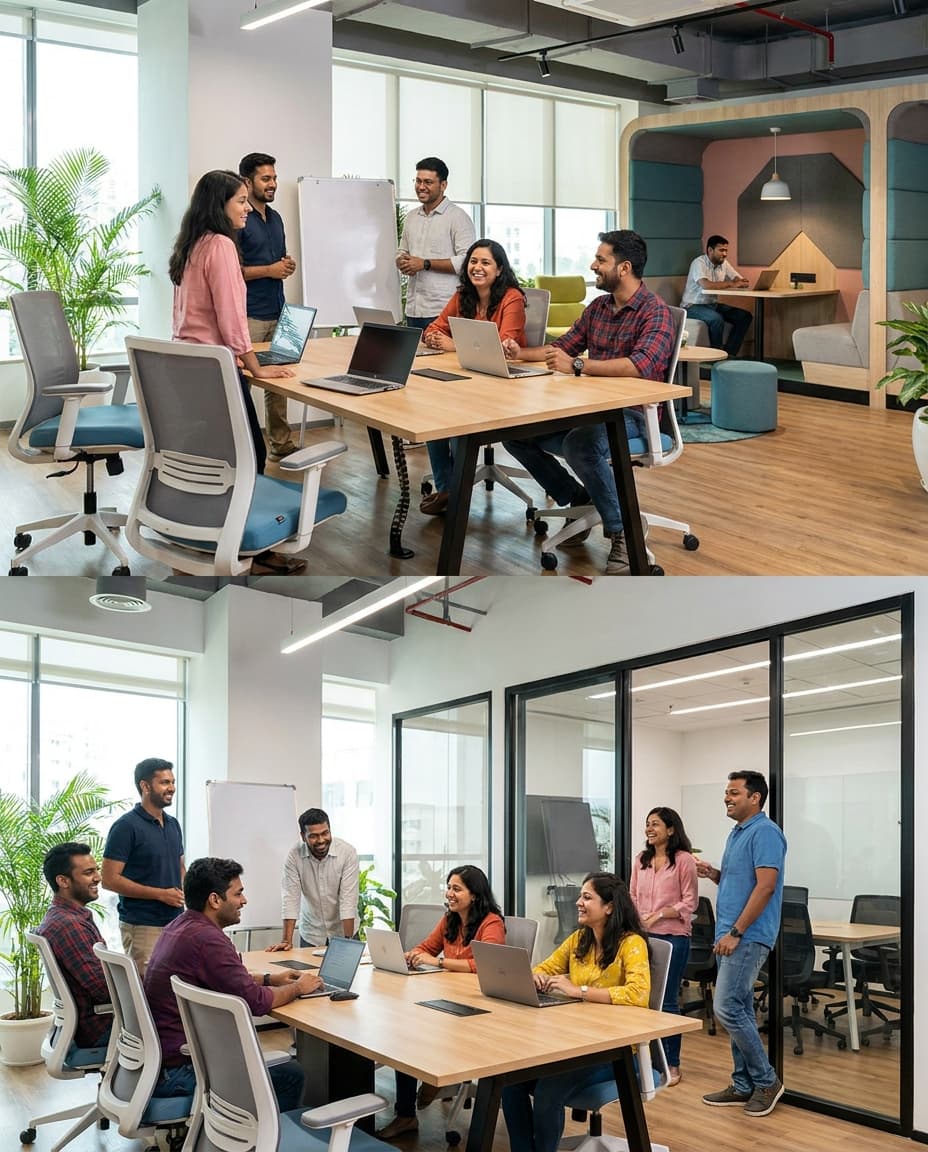 Modern office space with collaborative teams