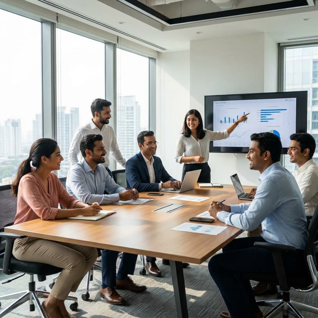 Modern office meeting with professionals collaborating